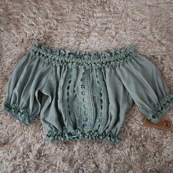Elan Tops - Savannah 7s Western Chic Elan Green Off-Shoulder Blouse‎ Lace Trim Women's Small